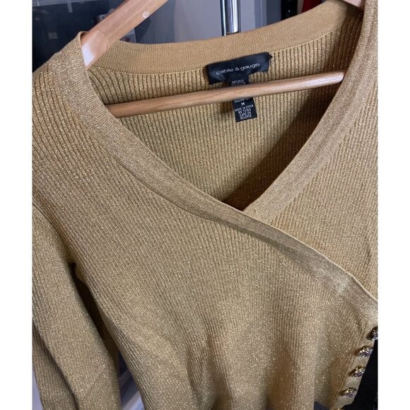 Cable and Gauge Gold Metallic V Neck Faux Wrap Clear Stone Detail Pullover Top - Picture 5 of 10